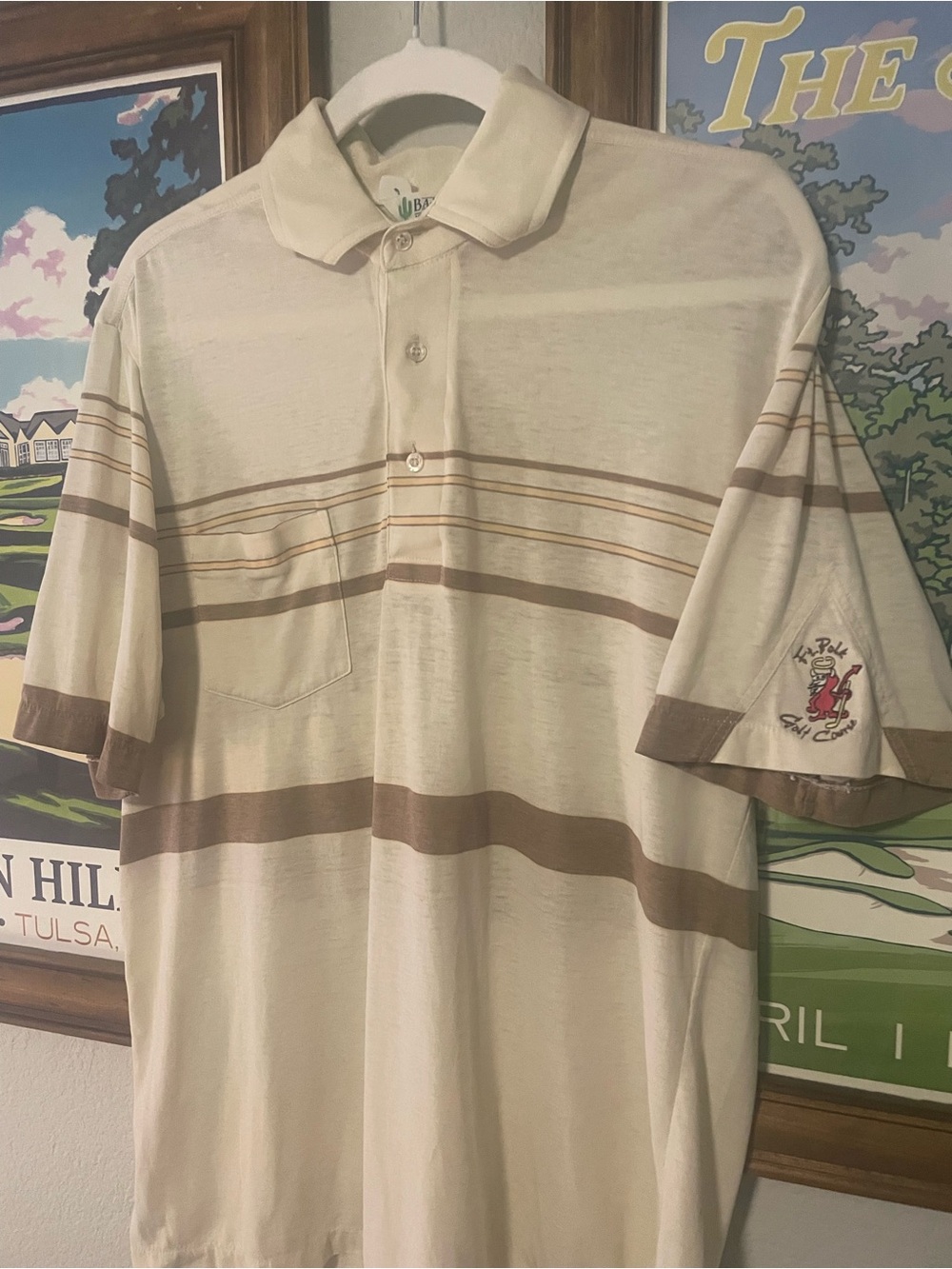 Vintage Ft Polk Golf Course Polo Shirt USA Made Baja Activewear Striped Pocket L